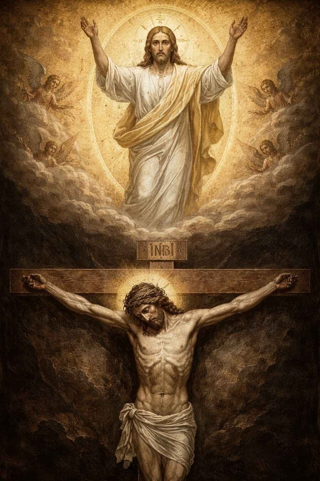 Ancient iconographic image showing spiritual Christ laughing above while material body suffers on cross below