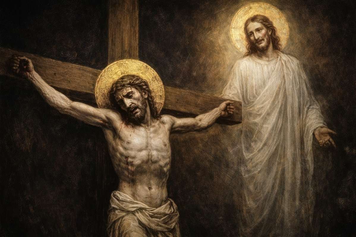 Ancient artistic depiction showing two figures at crucifixion scene one suffering and one transcendent