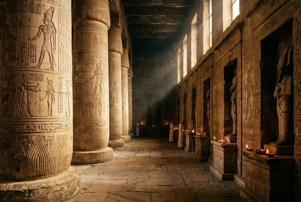 Ancient Egyptian temple interior from 4th century CE with hieroglyphic walls, ritual statues, and flickering oil lamps