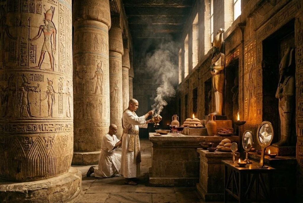 Ancient Egyptian ritual scene with priests performing theurgical rites before a divine statue in temple sanctuary