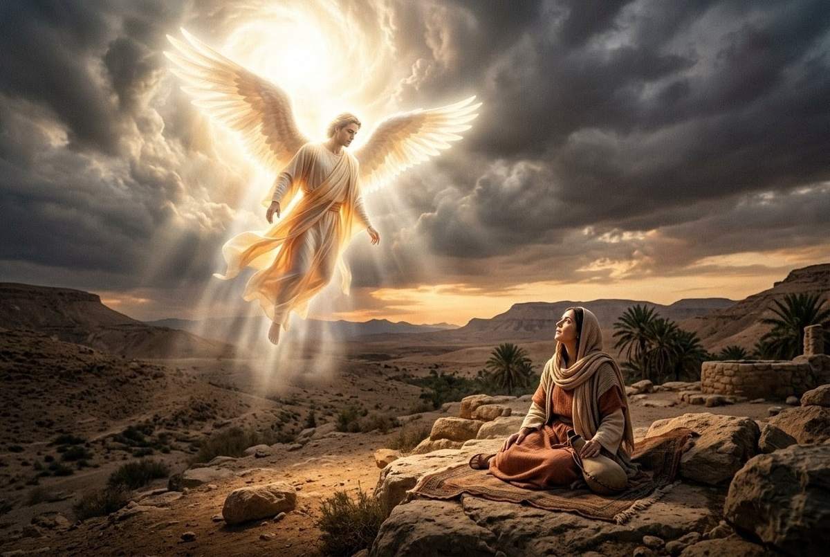 Ethereal angelic figure descending with radiance to a contemplative woman in ancient Near Eastern landscape
