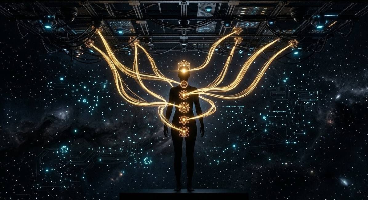 Human silhouette with glowing geometric implant devices at chakra points