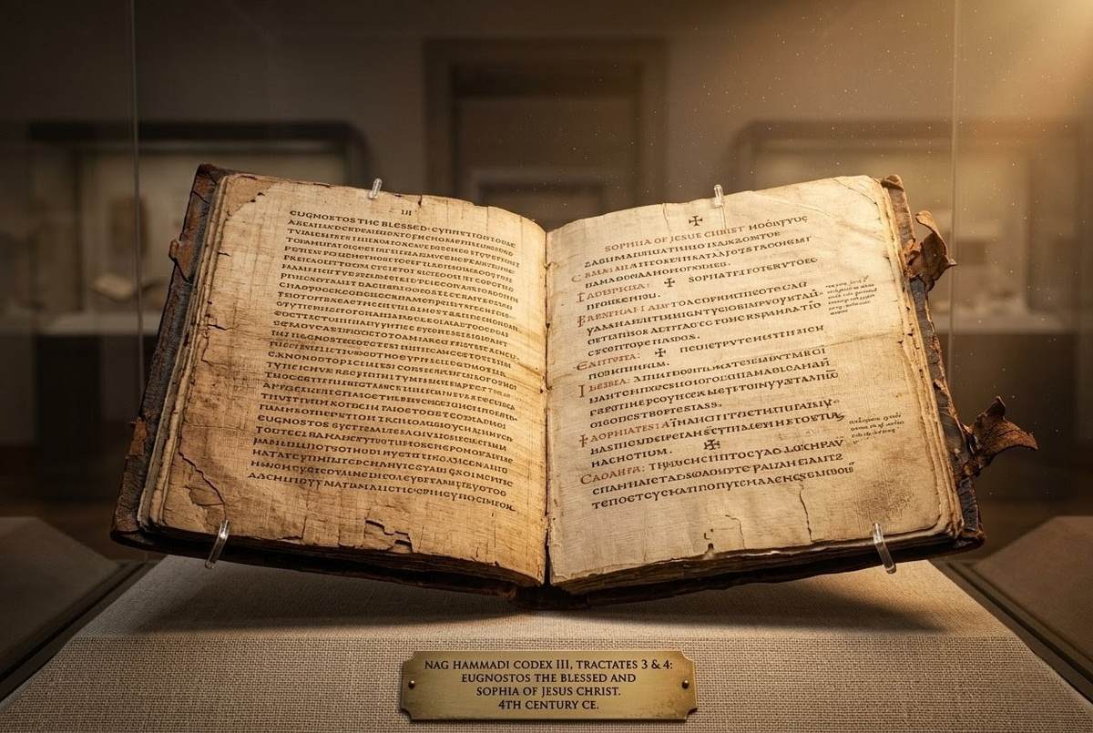 Ancient Coptic manuscript pages showing both Eugnostos the Blessed and Sophia of Jesus Christ texts side by side