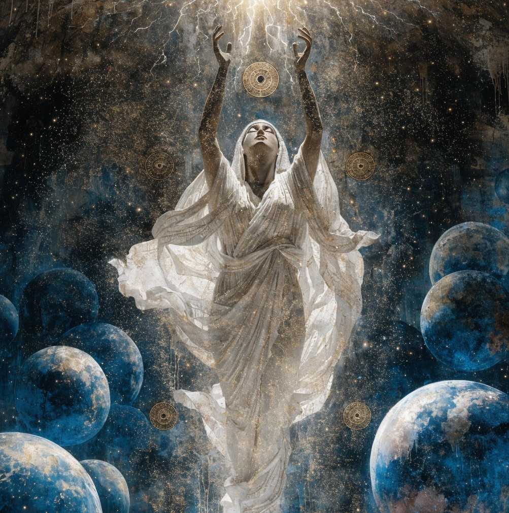Ancient Egyptian fresco showing feminine divine figure ascending through celestial spheres