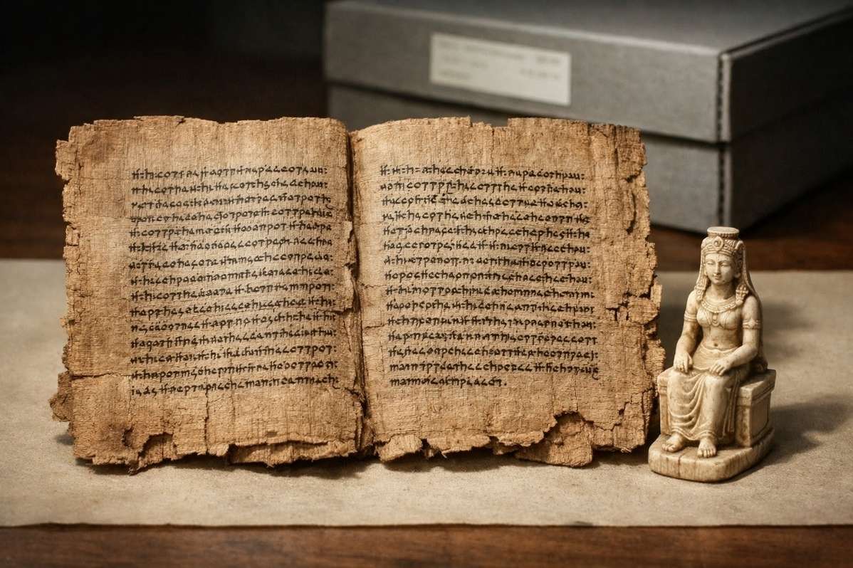 Ancient Coptic papyrus from Nag Hammadi Library showing feminine divine imagery