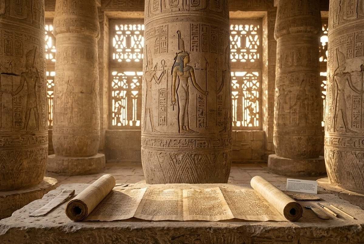 Ancient Egyptian papyrus showing goddess Maat with hieroglyphic inscriptions