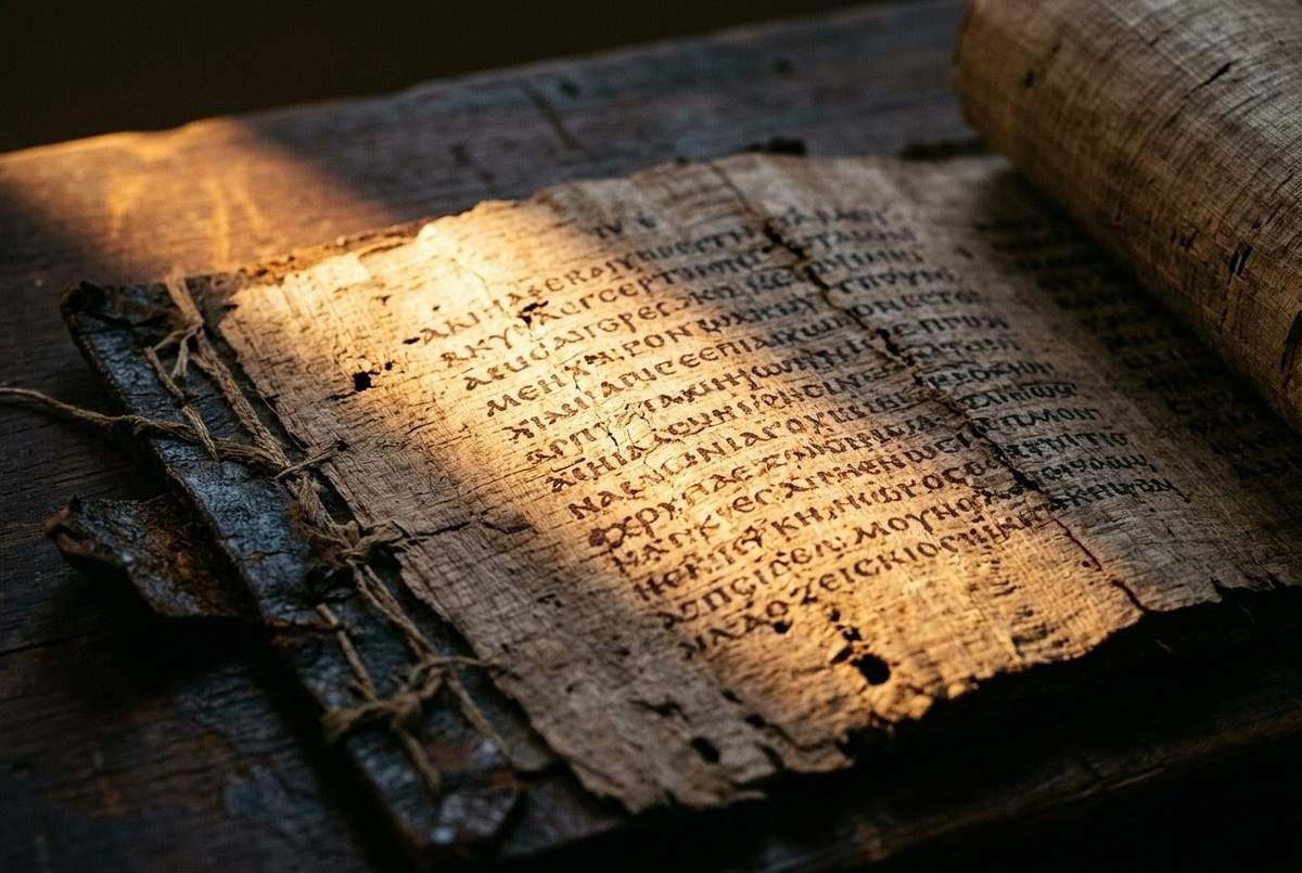 Ancient Coptic manuscript page from Nag Hammadi Codex V showing the opening of the First Apocalypse of James