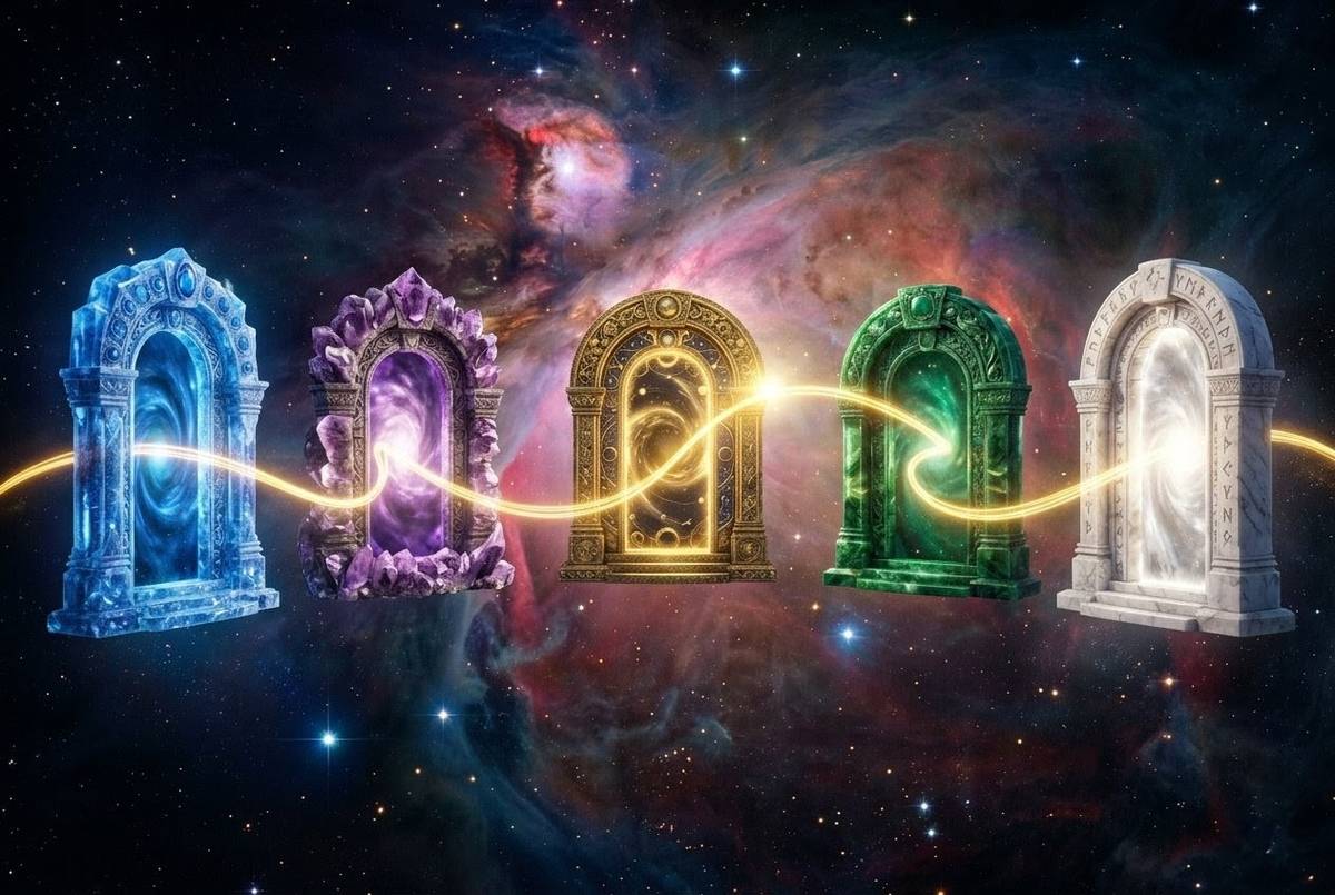 Five ornate gateways floating in deep space connected by golden thread