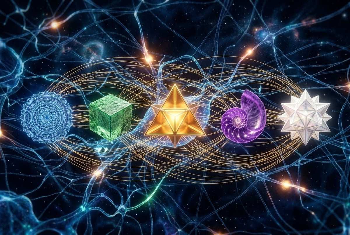 Five geometric forms connected by luminous threads in neural network pattern