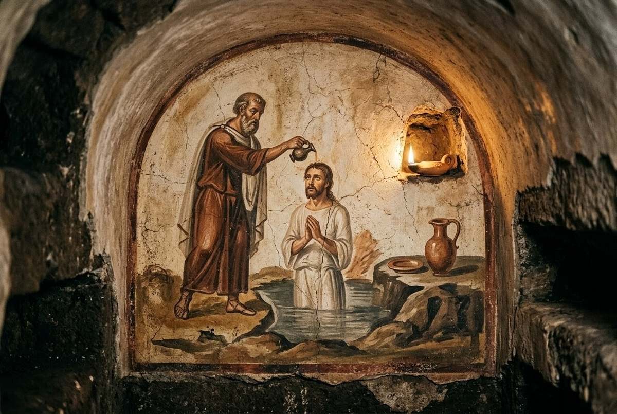 Ancient ritual scene showing baptismal anointing with oil and water vessels