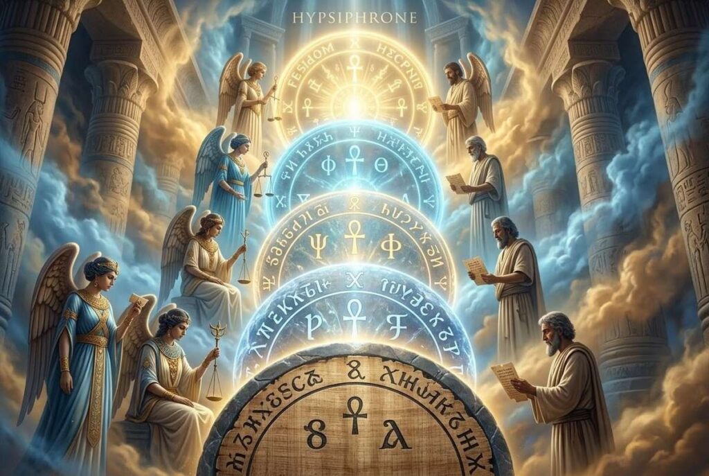 Five concentric circles representing the Five Seals with ancient symbols and angelic guardians at each checkpoint