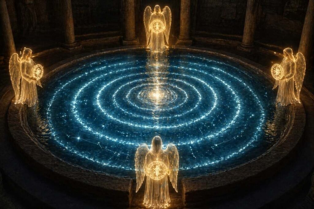Luminous baptismal waters with five concentric rings of light and angelic administrators