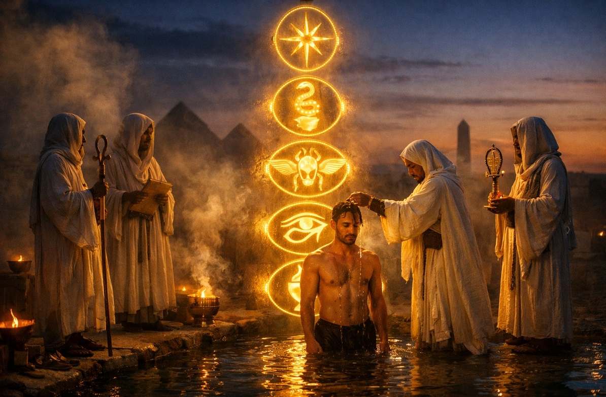 Ancient ritual scene showing five stages of Sethian initiation with anointing