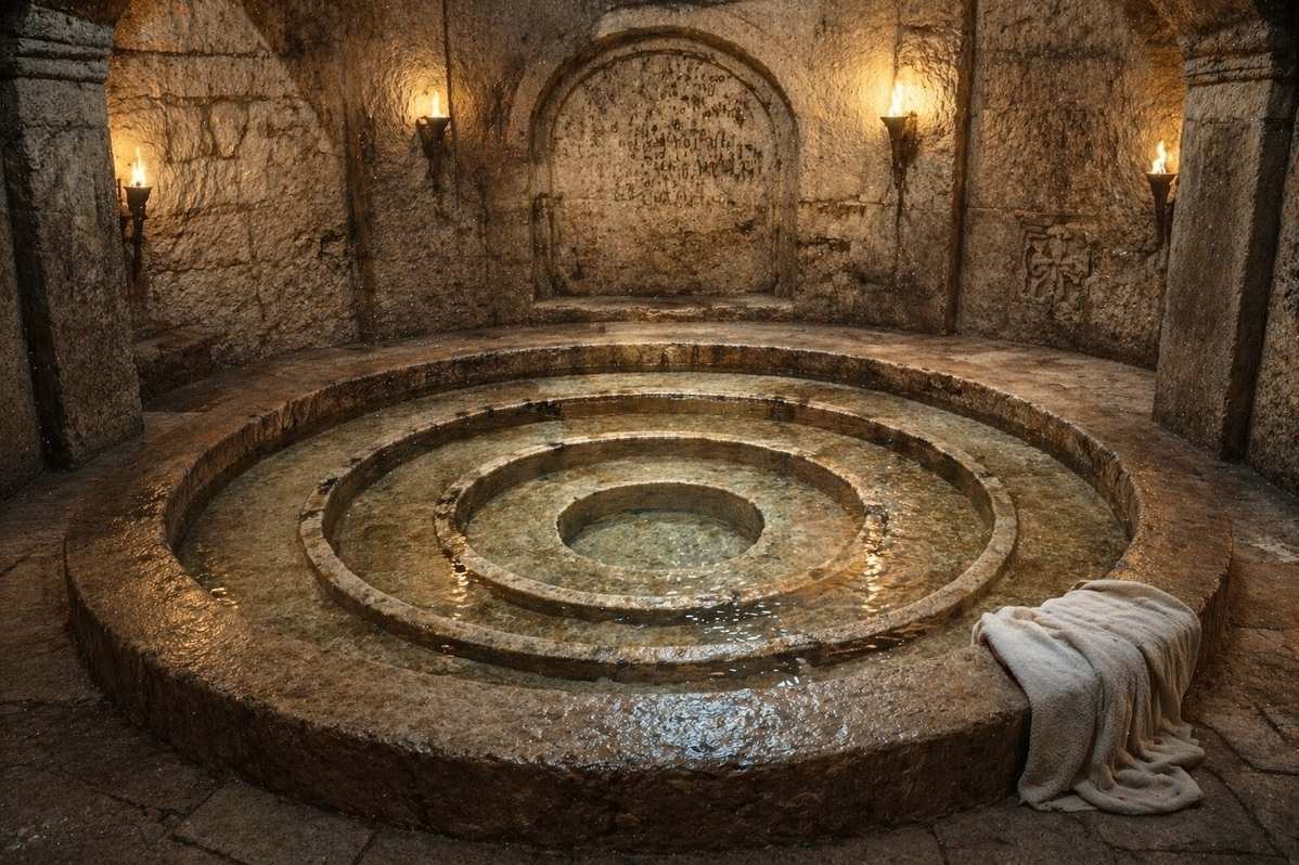 Ancient baptismal immersion scene with five concentric circles representing the five seals of Sethian initiation
