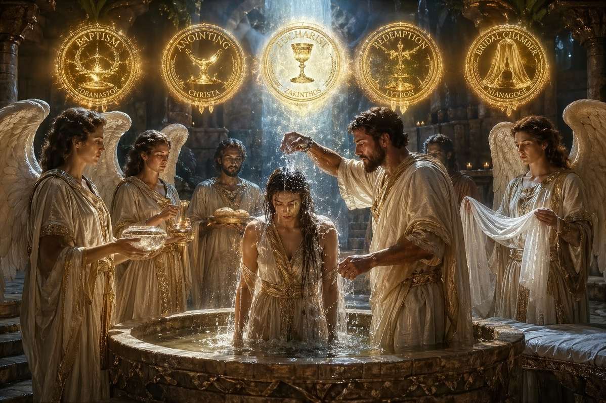 Ancient Sethian baptismal ritual with five luminous seals floating in ethereal light above ritual pool