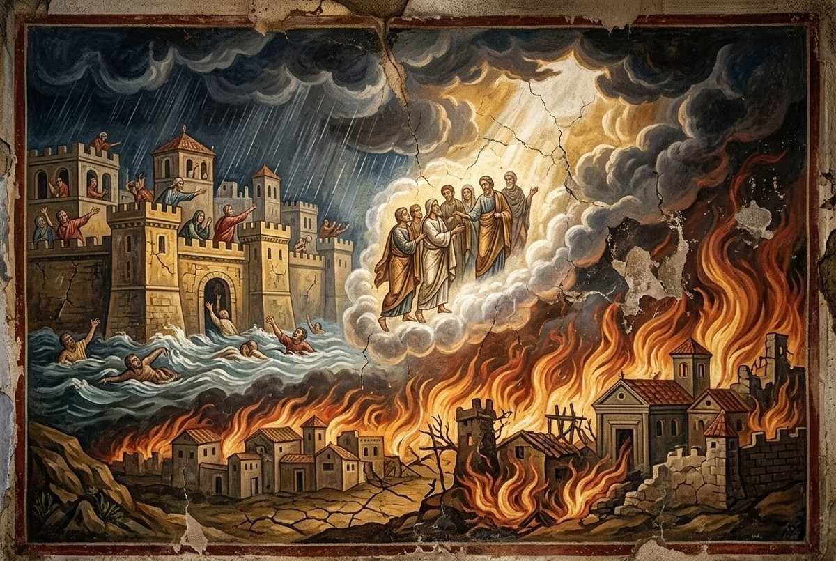 Ancient apocalyptic art showing flood waters and celestial fire with figures ascending in clouds of light