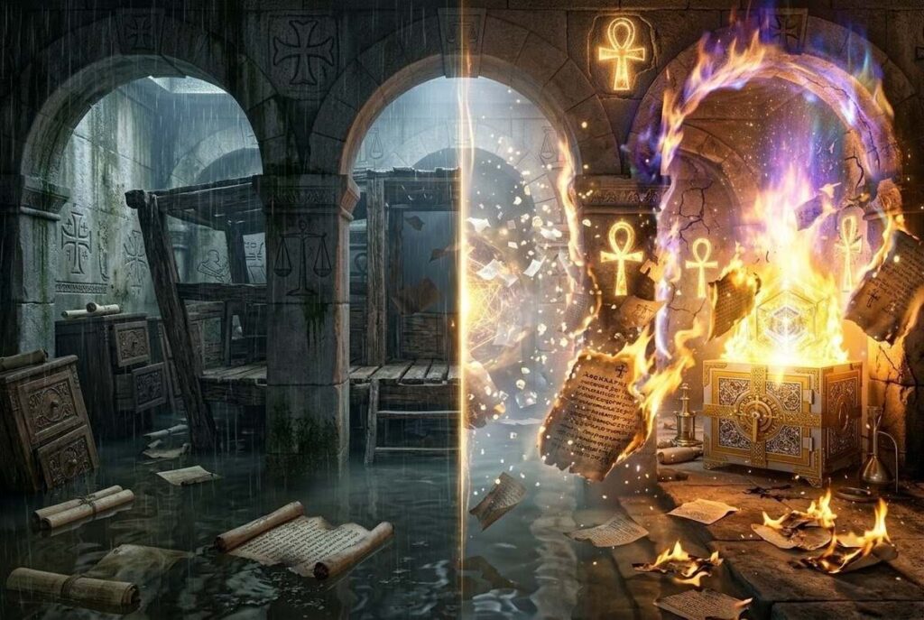 Split composition showing Noah's Ark as temporary wooden shelter dissolving into cosmic fire revealing golden spiritual essence