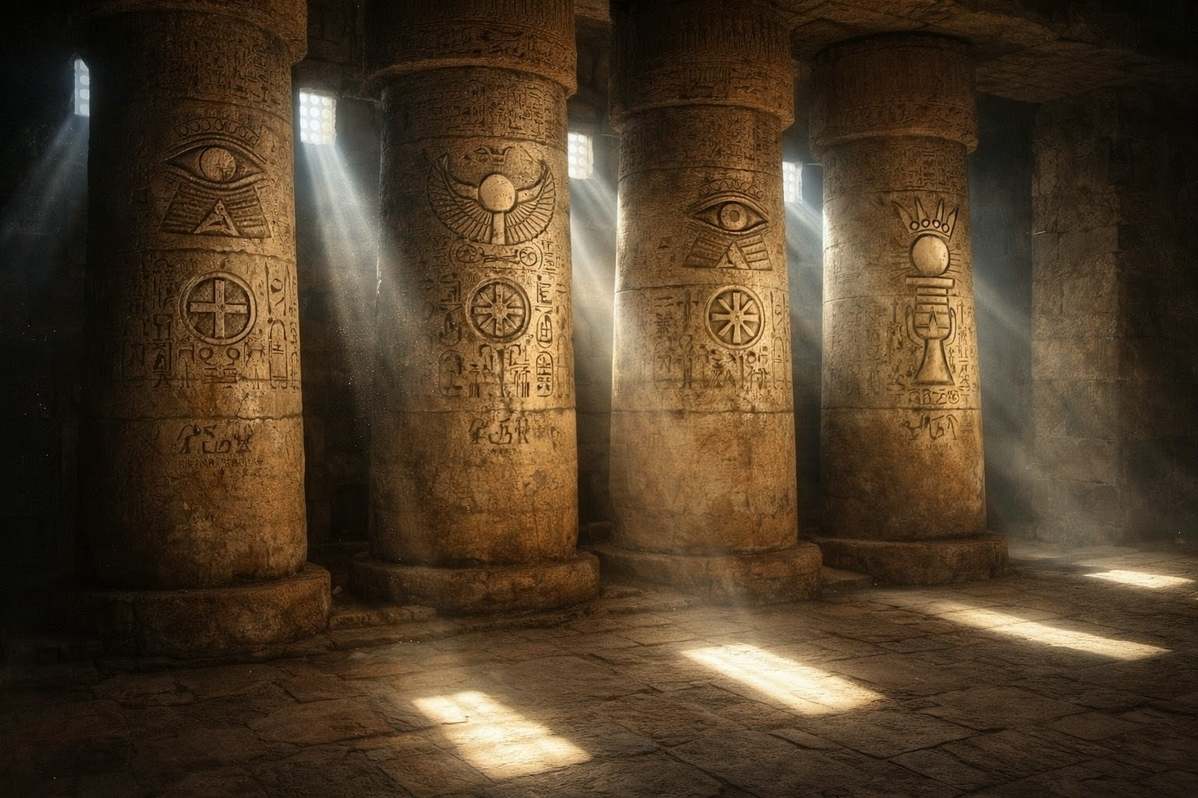 Ancient Egyptian temple setting with four pillars representing the Four Luminaries of Sethian cosmology