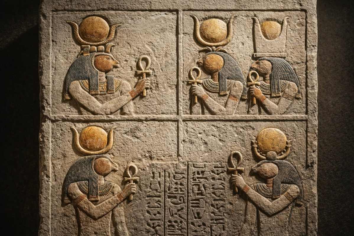 Ancient Egyptian stone carving showing four radiant figures representing the Four Luminaries of Sethian cosmology
