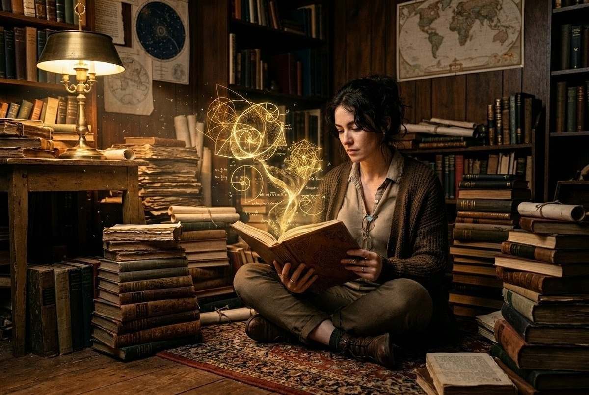 Person studying glowing geometric patterns in ancient library