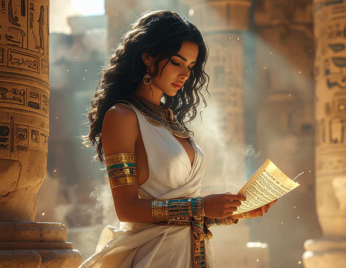 Ancient Egyptian temple scene with figure holding scroll representing knowledge