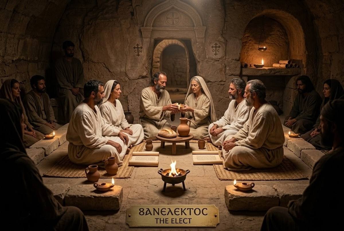 Ancient Gnostic community gathering with distinct boundary markers separating elect from world