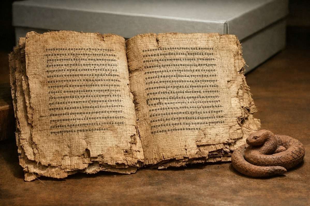 Ancient Coptic papyrus showing creation myth text from Nag Hammadi Codex II