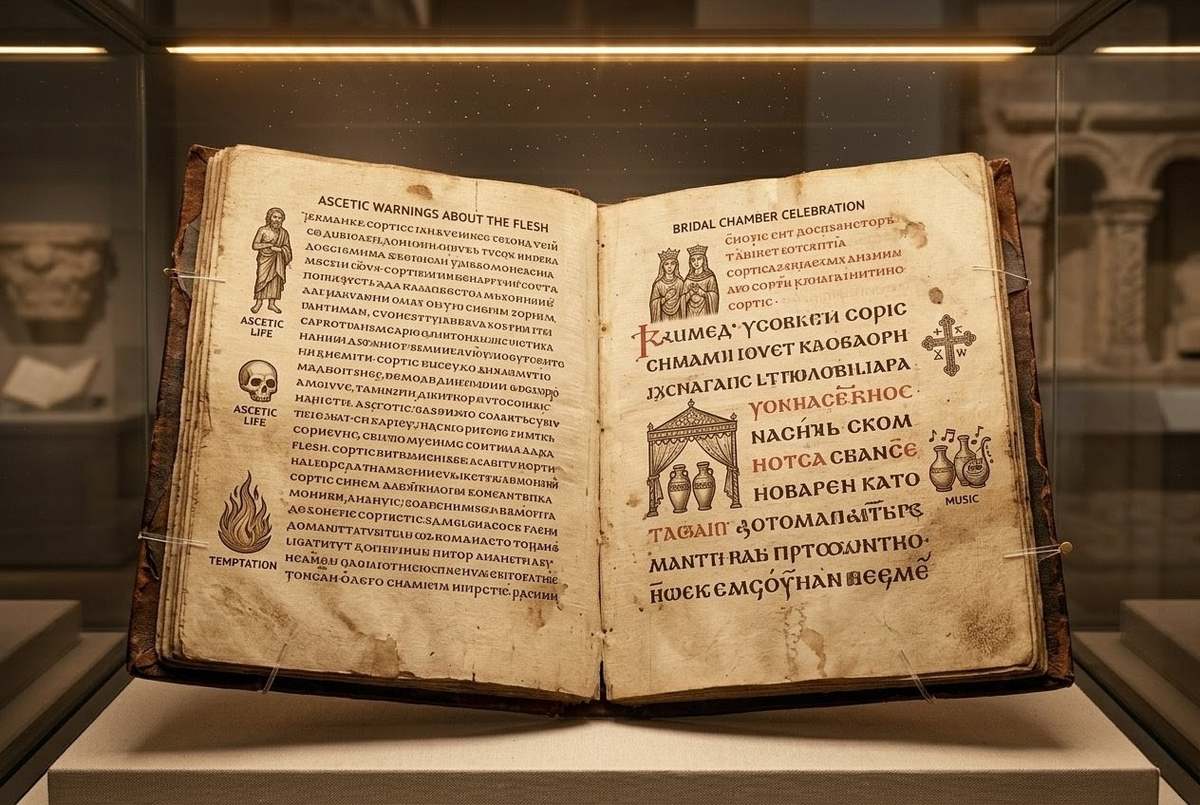 Ancient Coptic manuscript showing ethical teachings with ascetic practices and bridal chamber symbolism side by side
