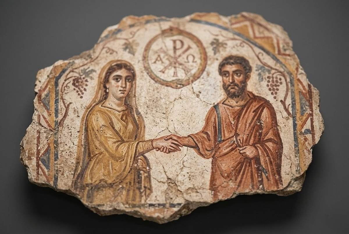 Ancient fresco showing sacred marriage ritual with feminine divine figure