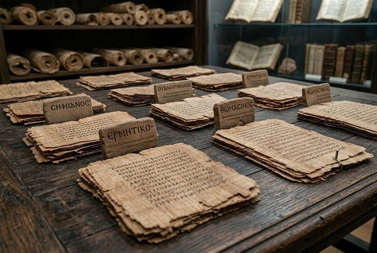 Ancient Coptic papyrus fragments arranged as a filing system with labels for different Gnostic schools