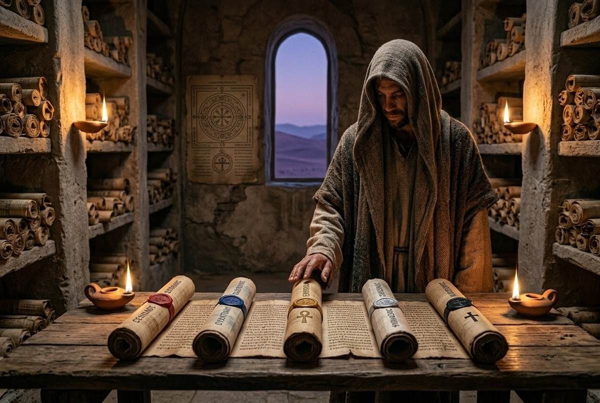 Solitary seeker in ancient Coptic library with scrolls representing different Gnostic schools
