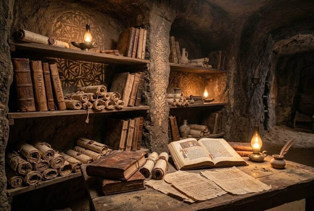 Ancient Coptic codices in desert library setting with geometric light patterns