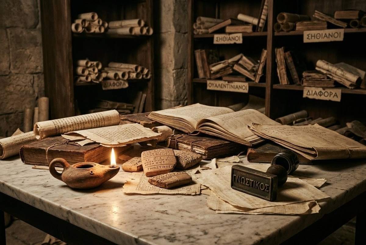 Ancient library with scattered scrolls and conflicting classification systems representing the Gnosticism definitional debate