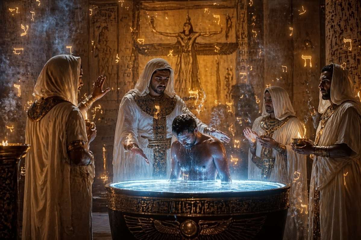 Ancient depiction of Sethian baptismal ritual with divine names and vowel invocations