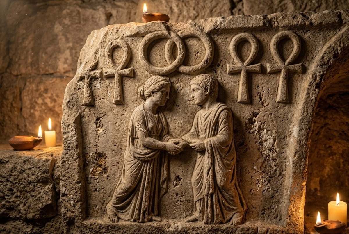 Ancient stone relief showing sacred marriage scene with mystical symbols, candlelit atmosphere