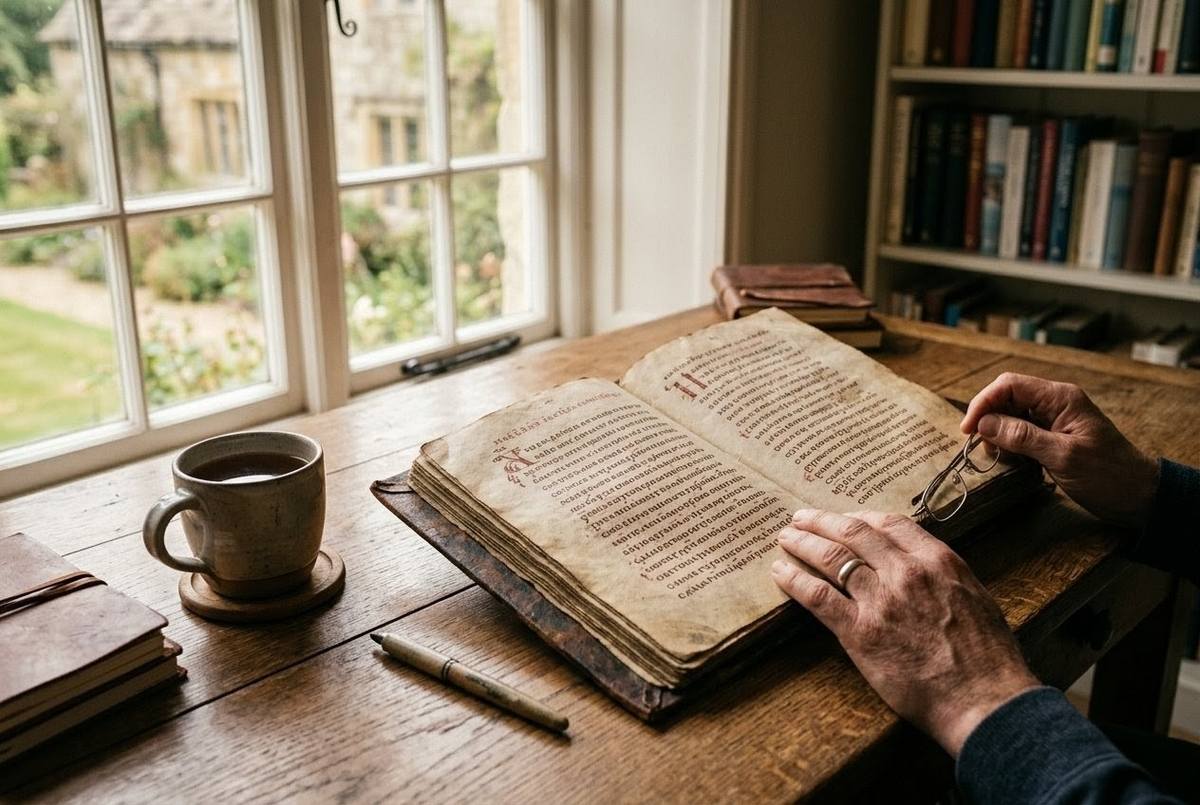 Modern reader engaging with ancient Coptic gospel text, contemplative study setting with warm lighting