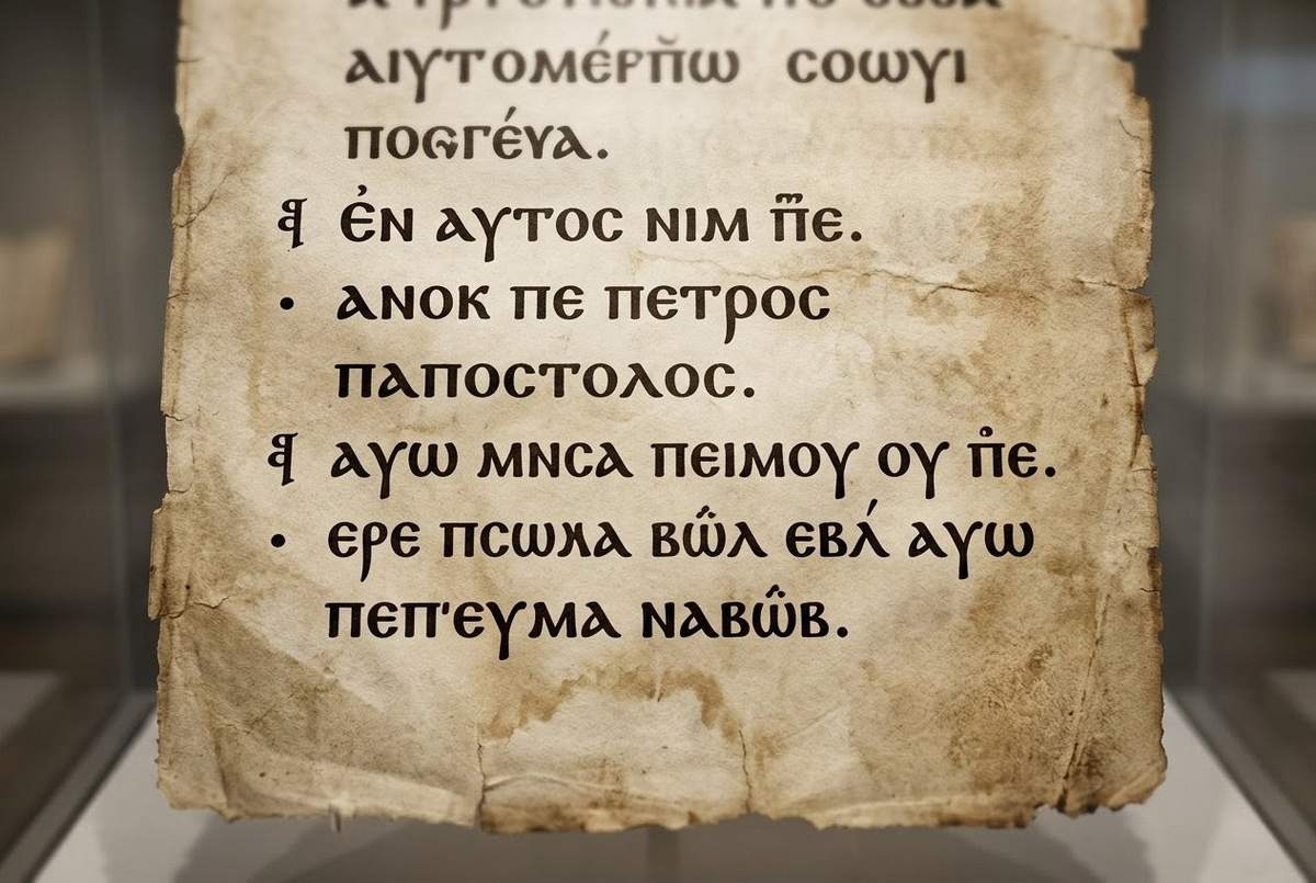 Ancient manuscript showing dialogue format with Jesus and disciples, questioning and answering, museum lighting