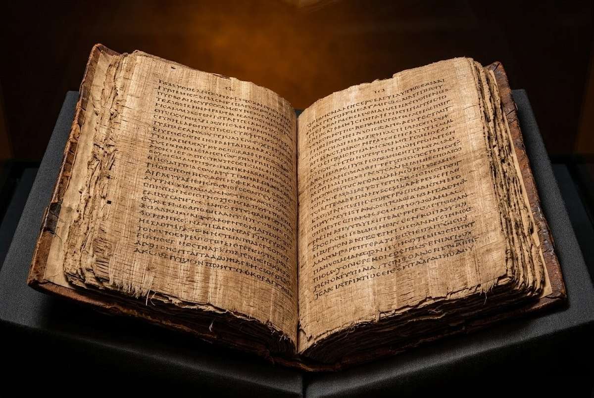 Nag Hammadi Codex II open showing Gospel of Thomas Coptic text, museum lighting with dramatic shadows