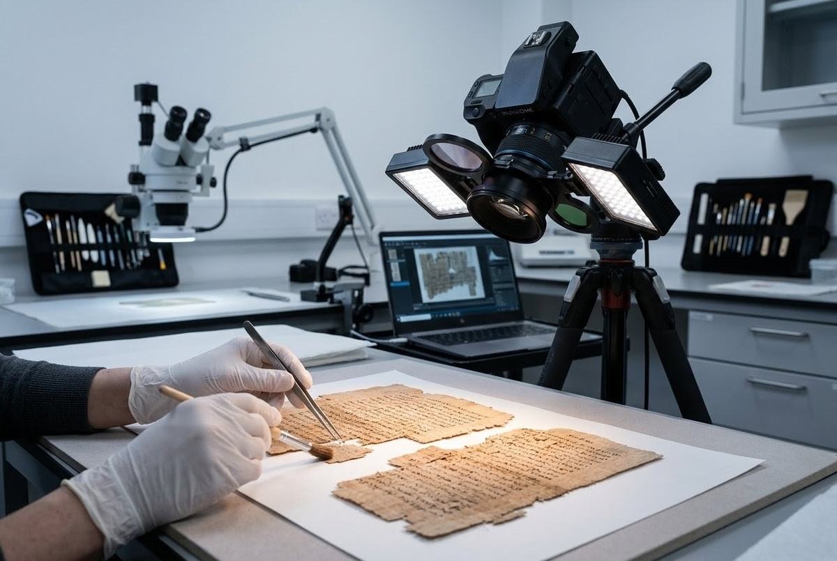 Modern conservation laboratory with papyrus fragments and imaging equipment