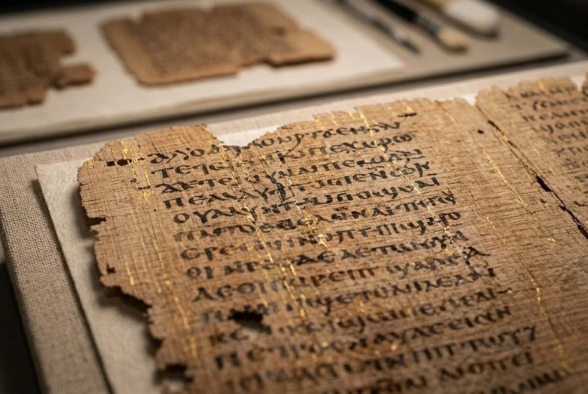 Ancient Coptic papyrus from the Berlin Codex showing the Gospel of Mary text with Mary Magdalene depicted