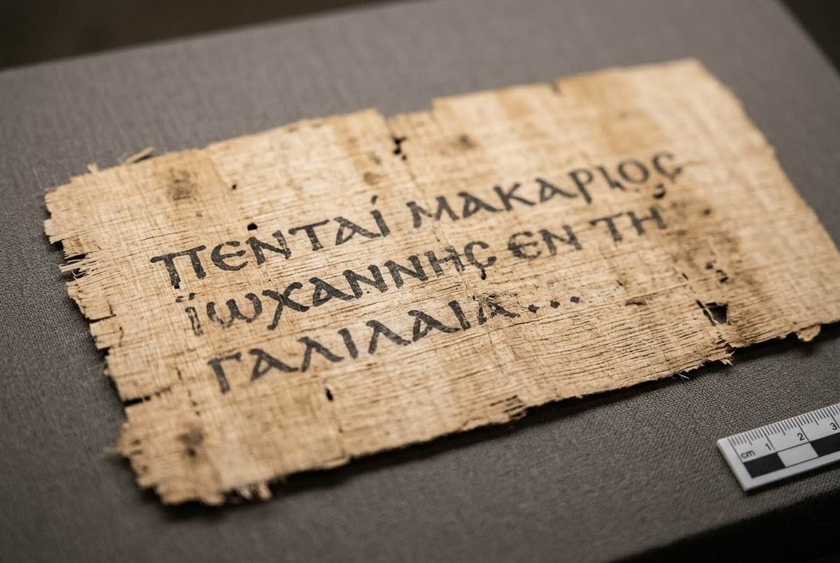Ancient Coptic papyrus from Nag Hammadi Codex II showing opening lines of the Gospel of Thomas