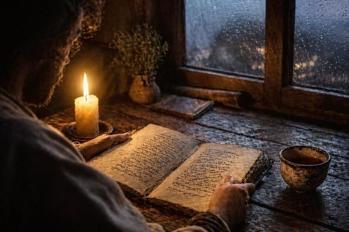 Contemplative reader with ancient manuscript by candlelight in quiet meditation space