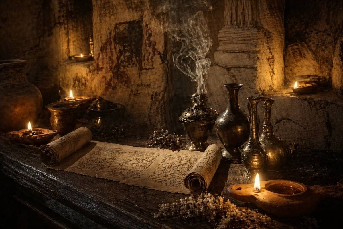 Ancient Mediterranean scene with oil lamps and perfume vessels representing sensory theology