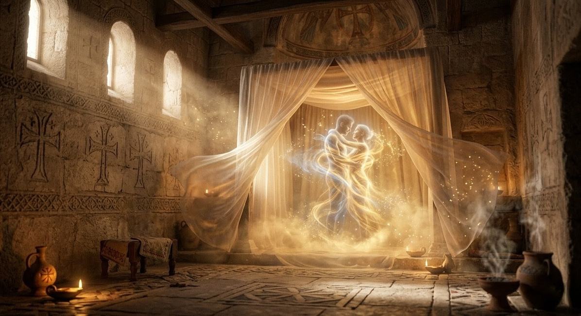 Luminous bridal chamber with intertwined masculine and feminine energies
