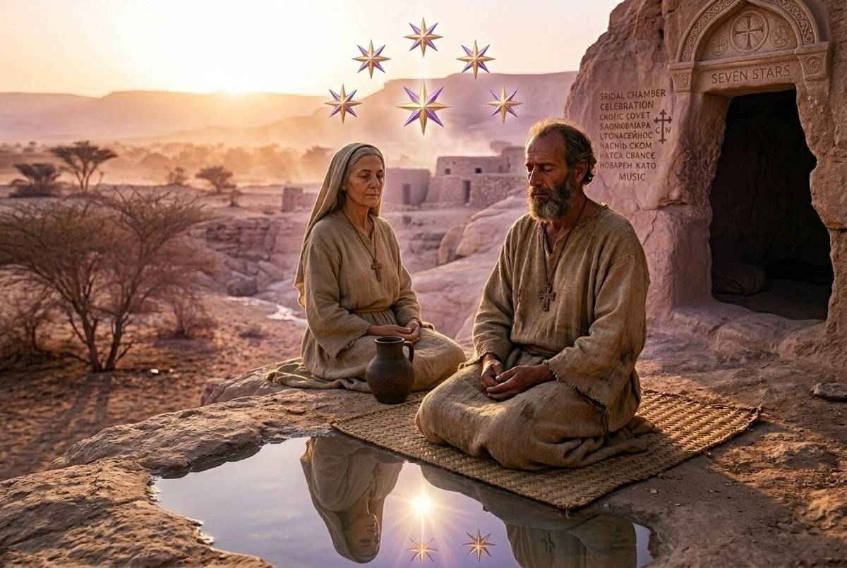 Ancient mystical representation of the bridal chamber sacrament with androgynous union symbolism
