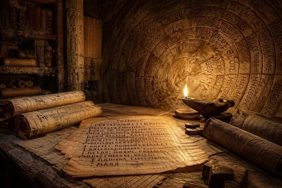 Ancient library chamber with papyrus scrolls and solitary oil lamp