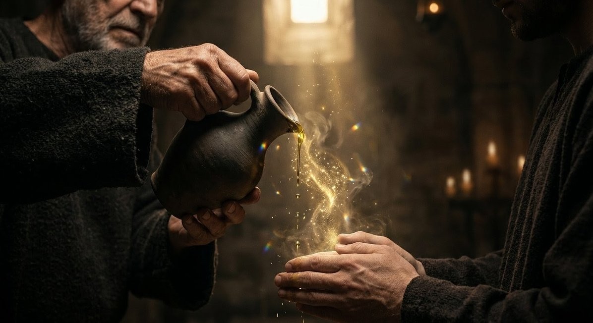 Ancient hands anointing with sacred oil in ritual setting