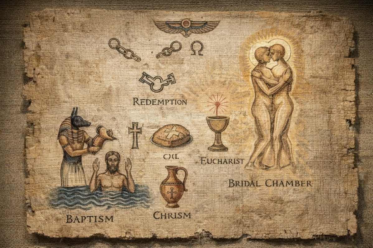Ancient artistic representation of the five Valentinian sacraments culminating in the bridal chamber