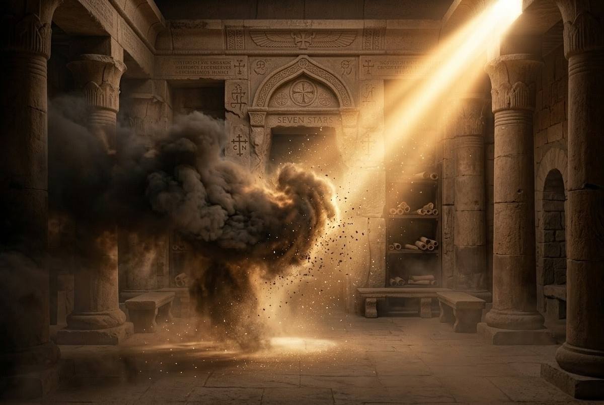 Mystical representation of error dissolving like smoke with divine light breaking through