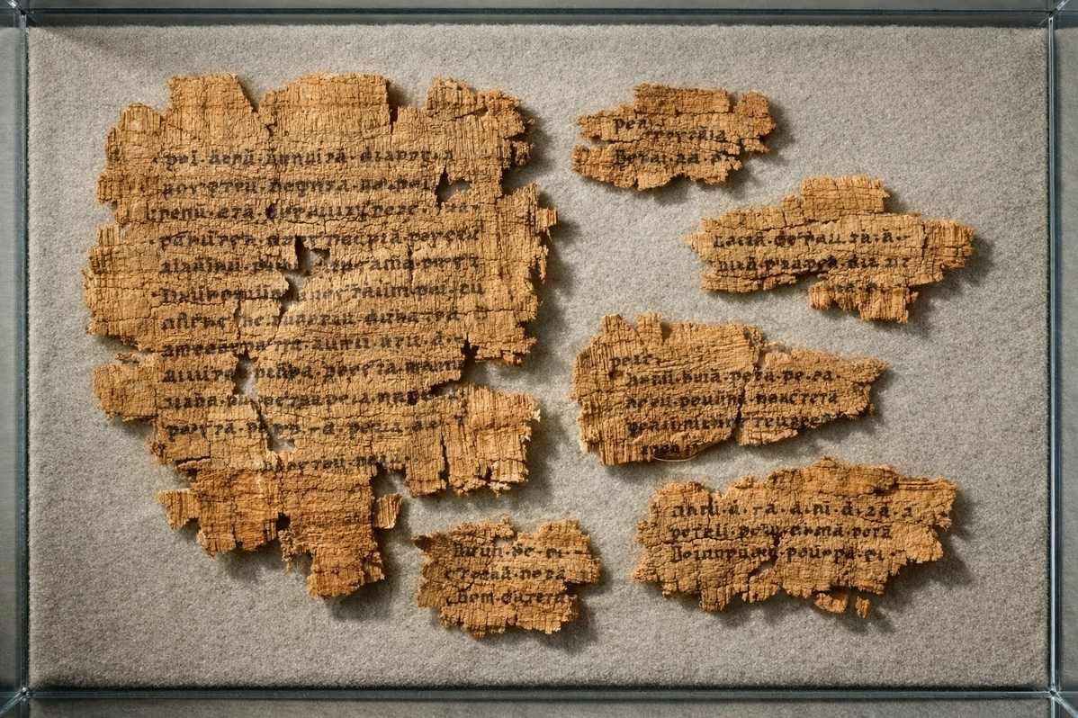 Ancient Coptic papyrus fragments from Nag Hammadi Codex III showing the Gospel of the Egyptians text